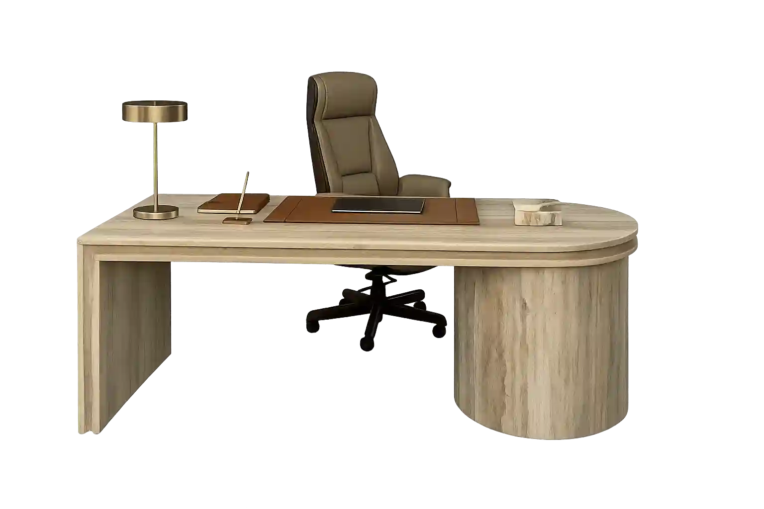 Round executive office desk with premium wooden finish.