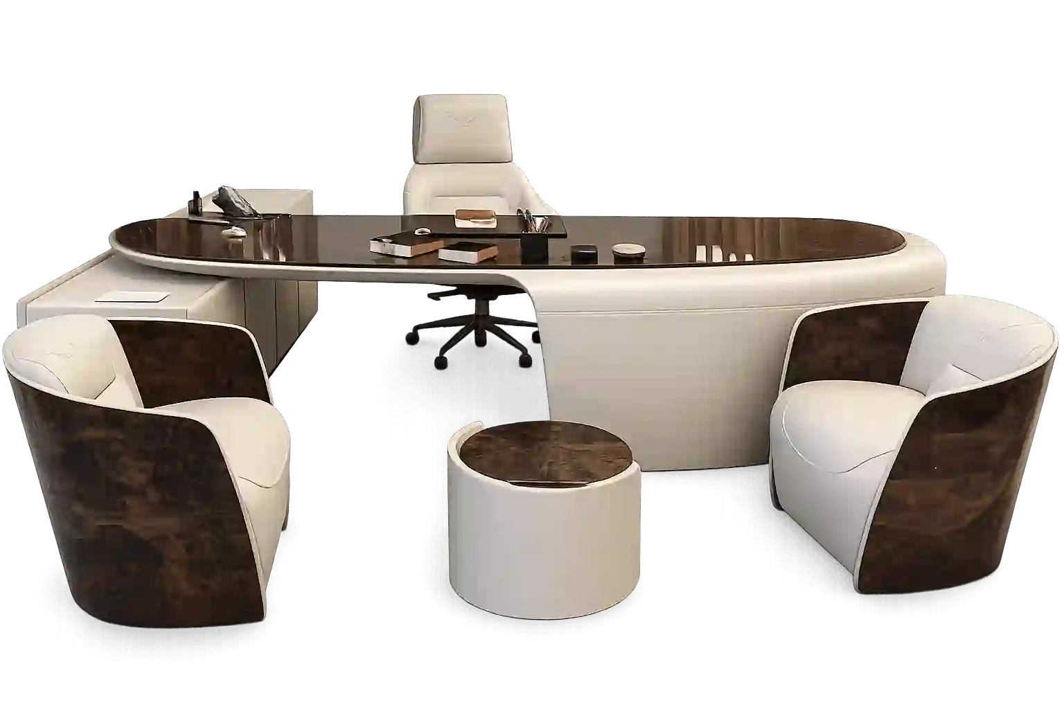 Modern round meeting table with executive chairs.
