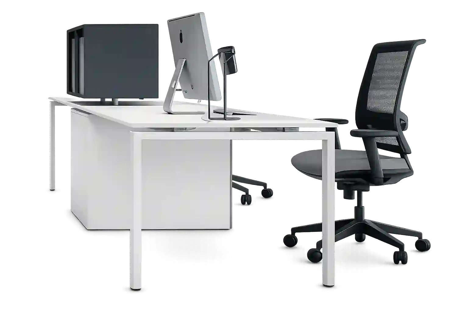 White manager office desk with side return and ergonomic chair.