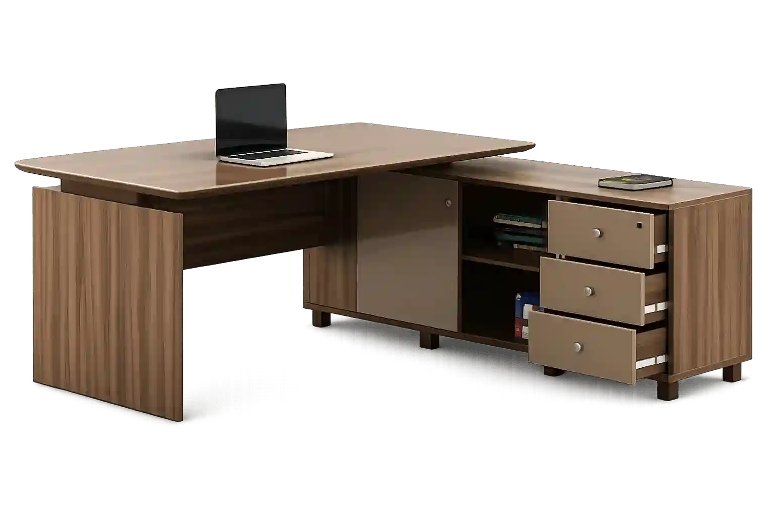 Wooden L shaped office desk with storage drawers.