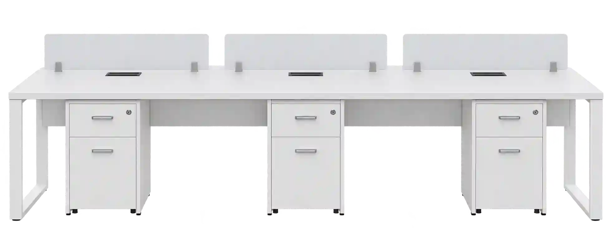 6-person workstation in Qatar with white finish and storage units.