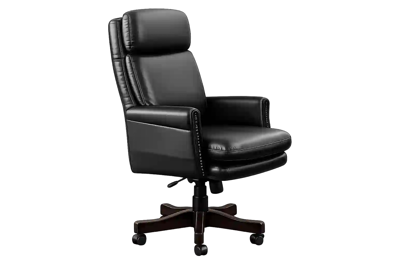 Black cushioned executive office chair with padded armrests.