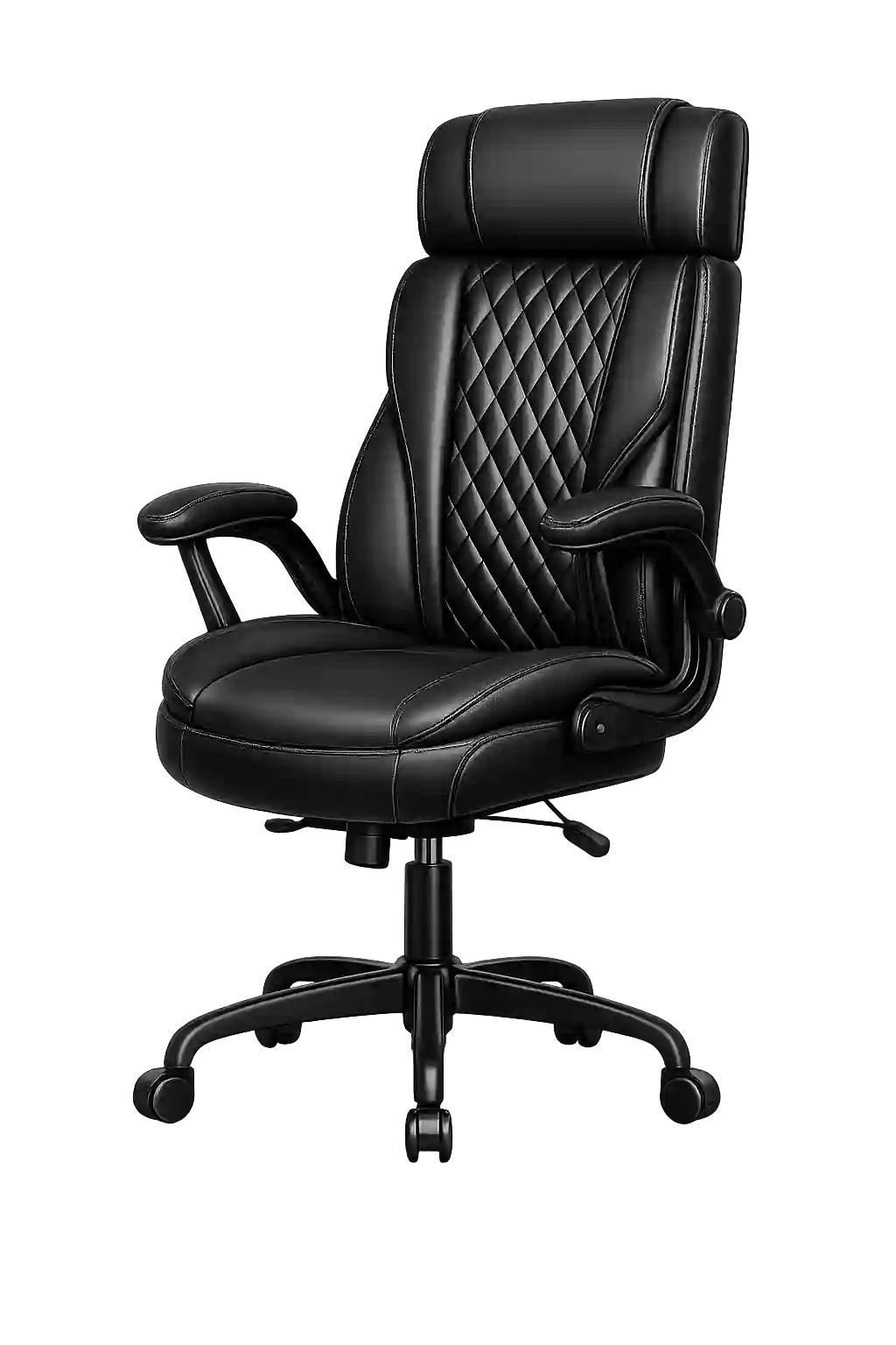 Black leather executive office chair with padded backrest.