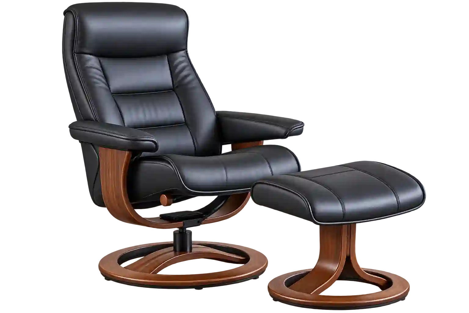 Black leather lounge recliner with matching footrest.