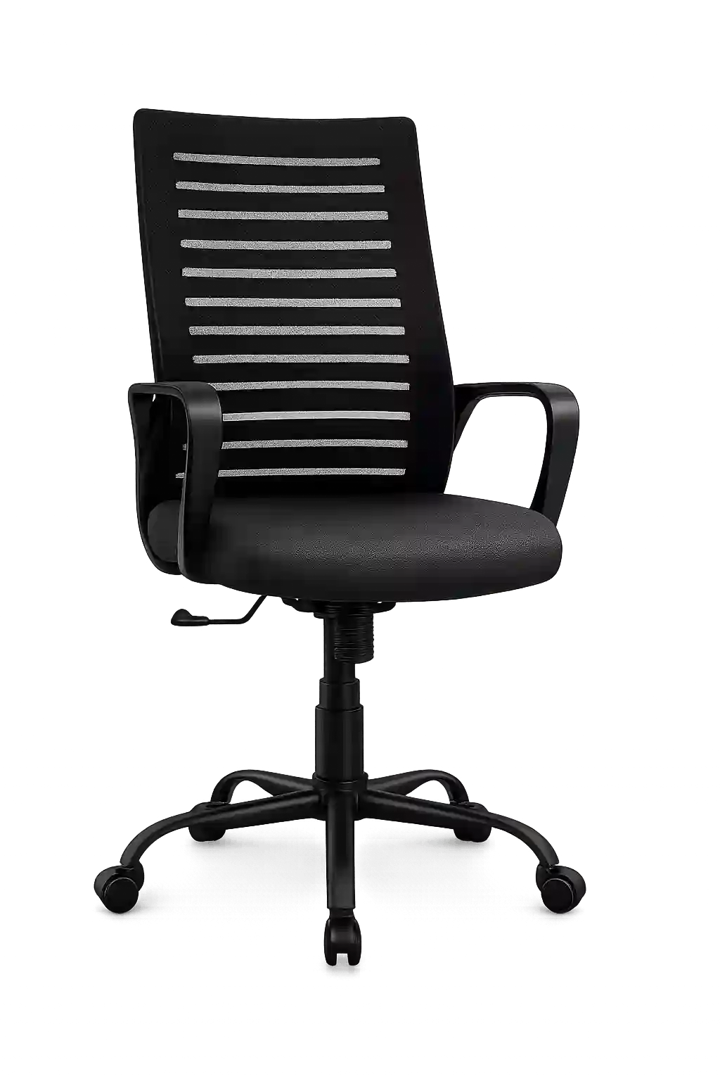Black mesh back office chair with ergonomic design.