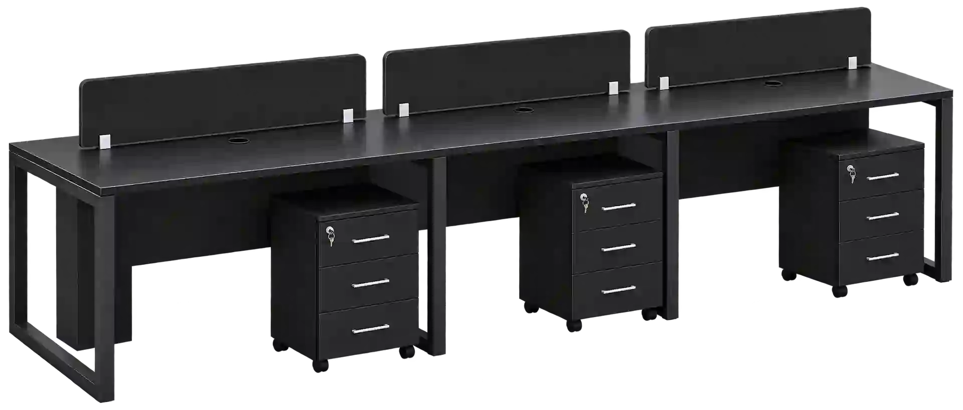 Black modular office workstation with integrated storage units.