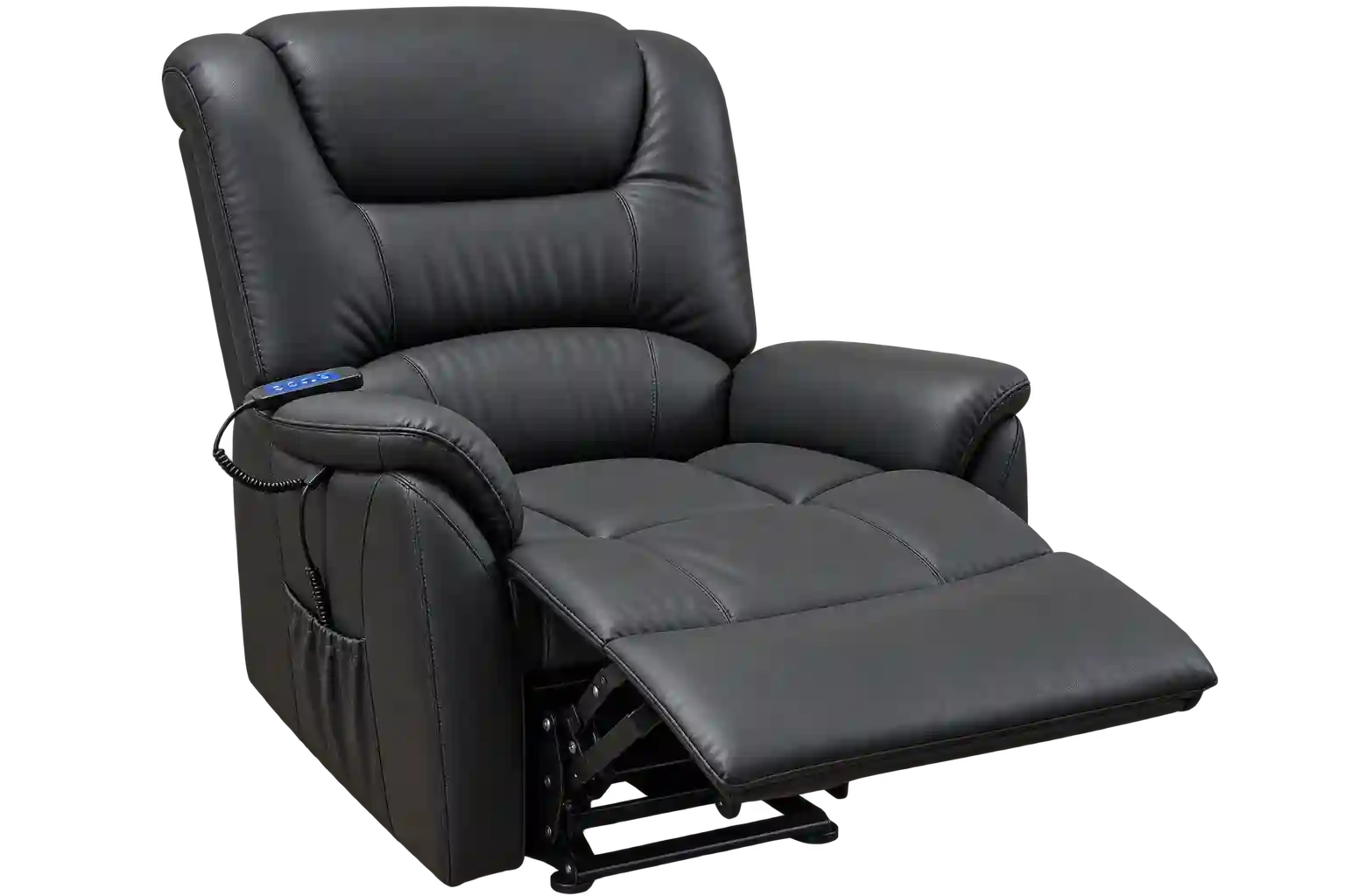 Black power recliner chair with extended footrest.