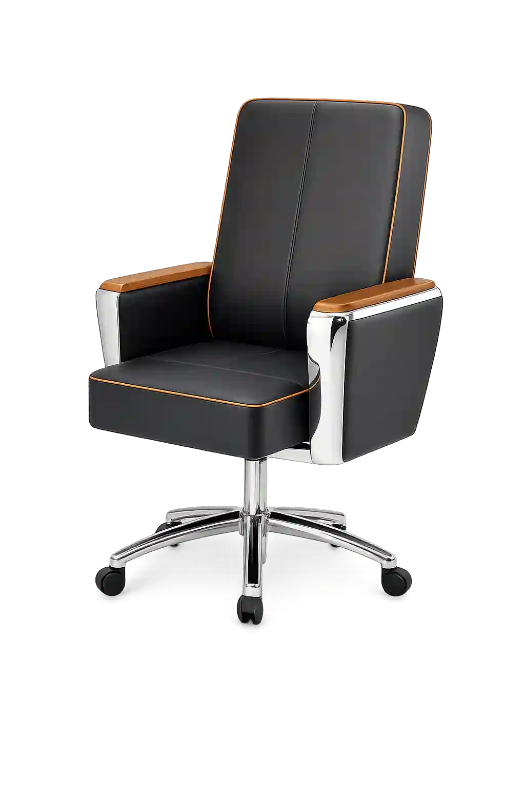 Black executive office chair with wooden armrest frame.