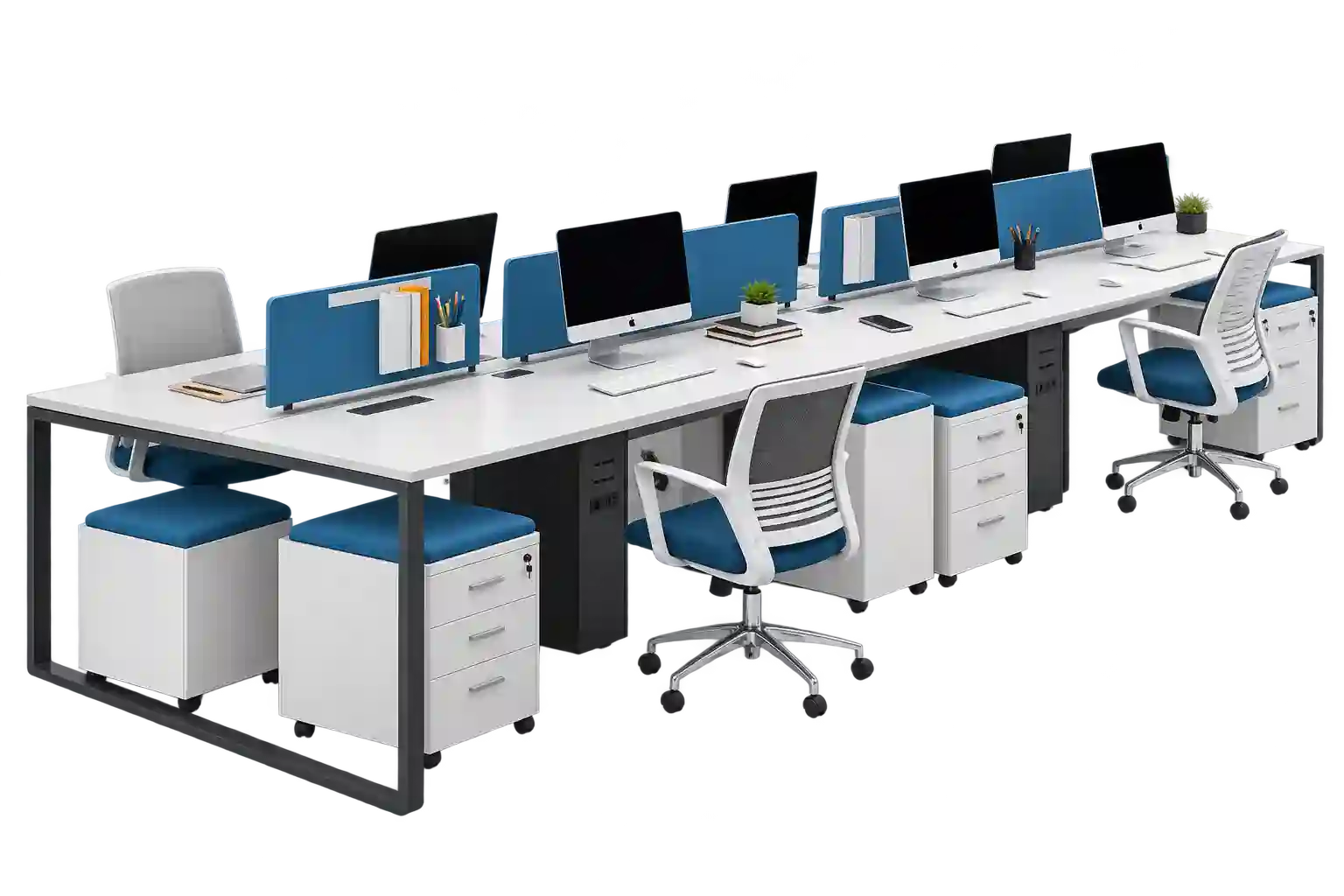 Blue 6-Person Workstation in Qatar with partitioned work areas.