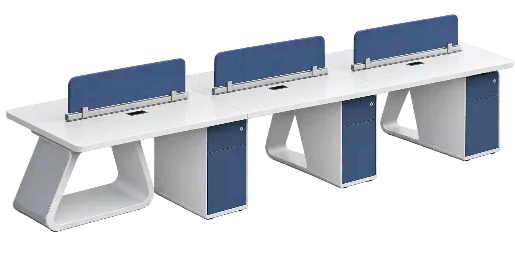 Blue partition workstation with individual employee workspaces.