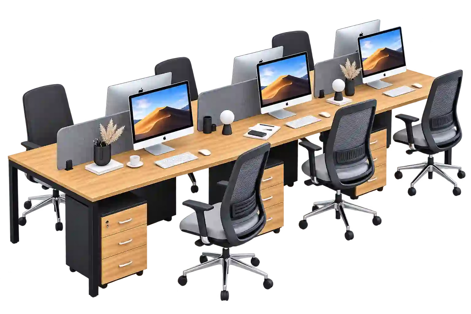 Brown 6-Person Workstation in Qatar with spacious office desks.