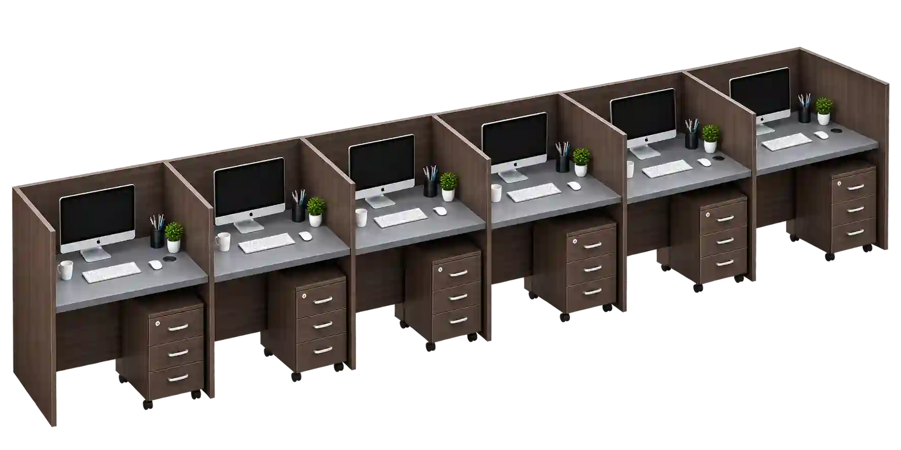 Brown bench workstation with multiple employee seating positions.