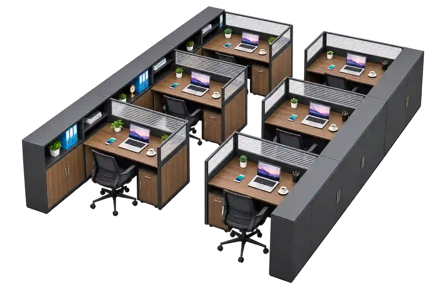 Brown cluster workstation arrangement for multiple employees.