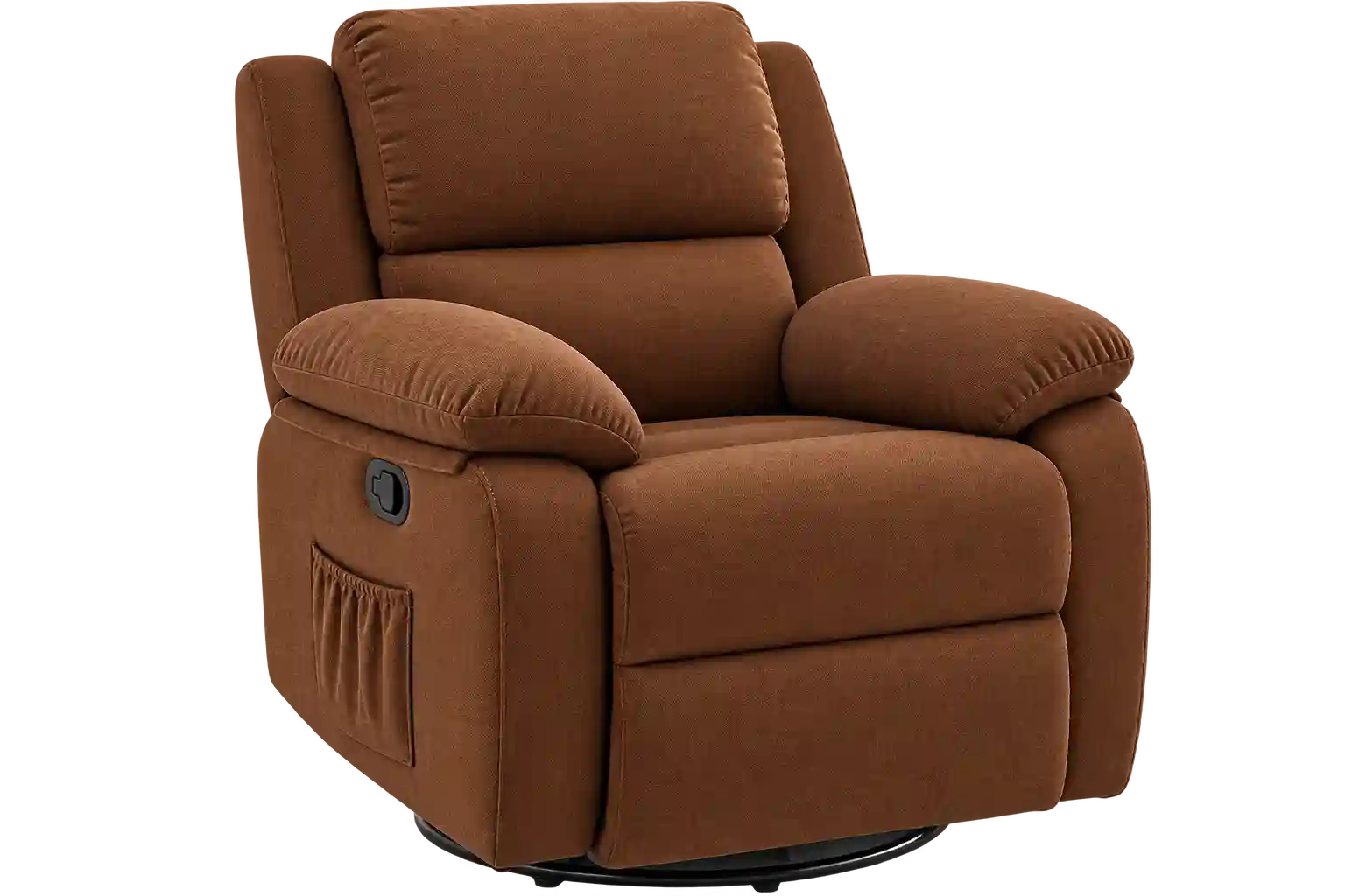 Brown fabric recliner chair with cushioned back and seat.