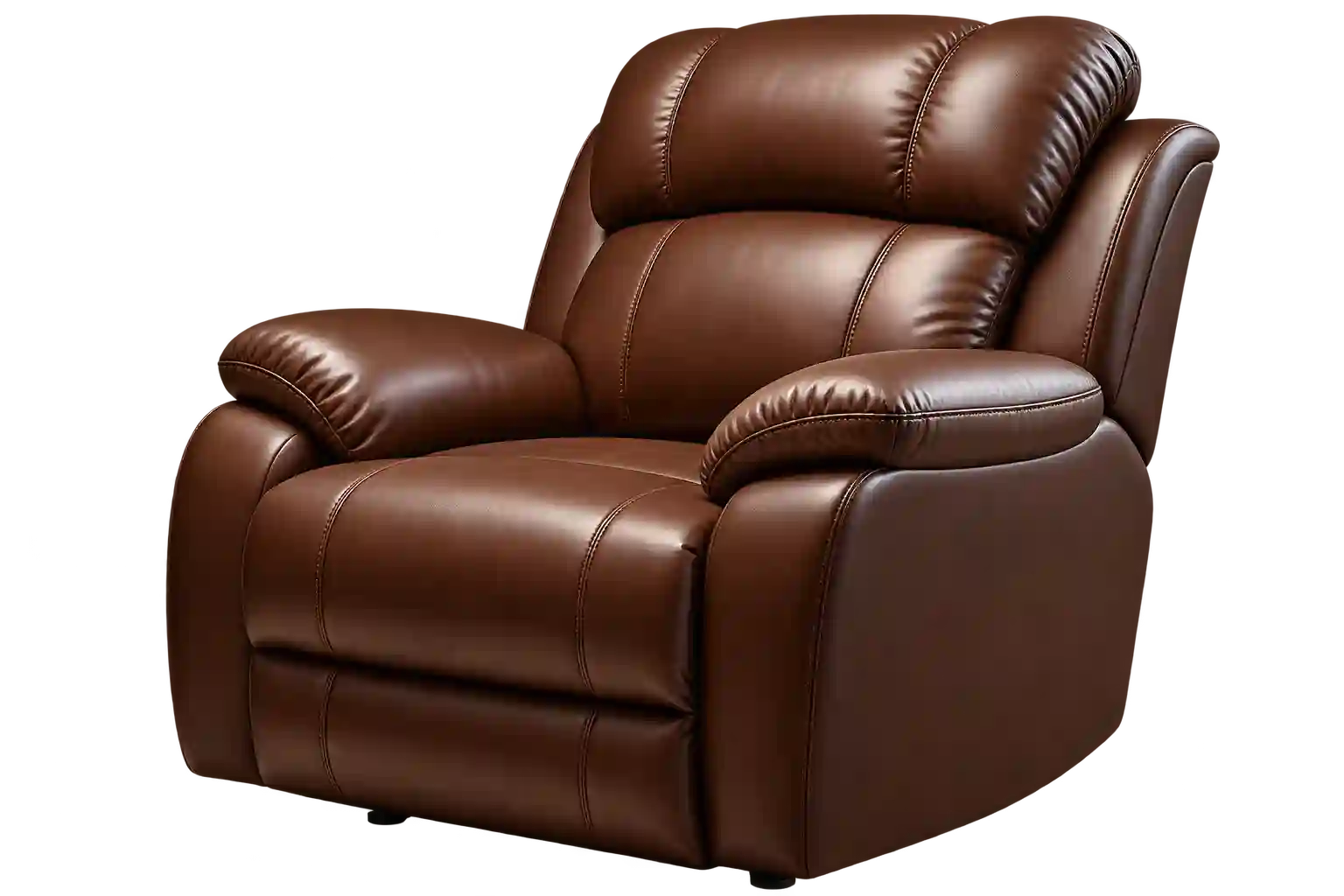 Brown leather recliner chair with padded armrests.