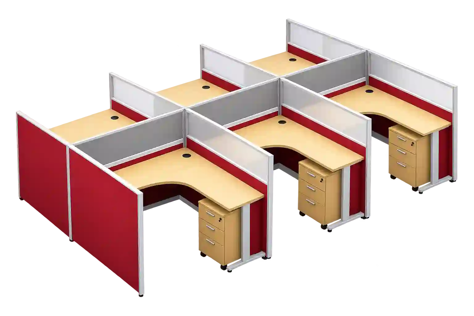 Colorful 6-Person Workstation in Qatar with partitioned employee desks.