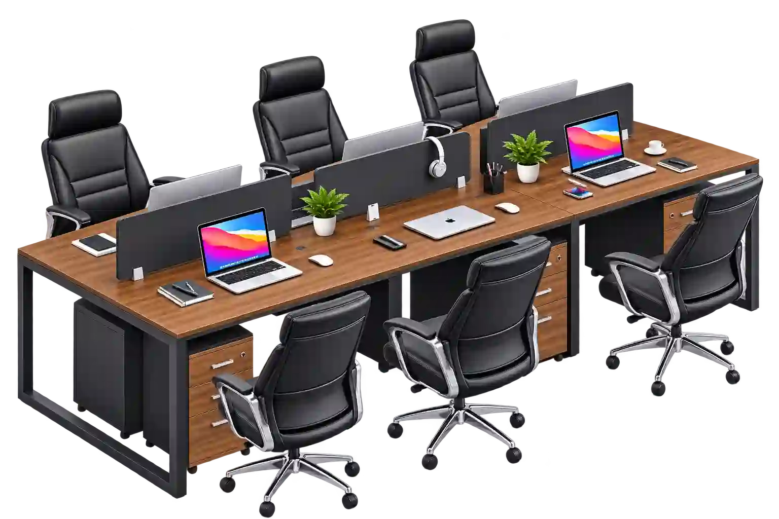 Dark wood office workstation with multiple employee seating areas.