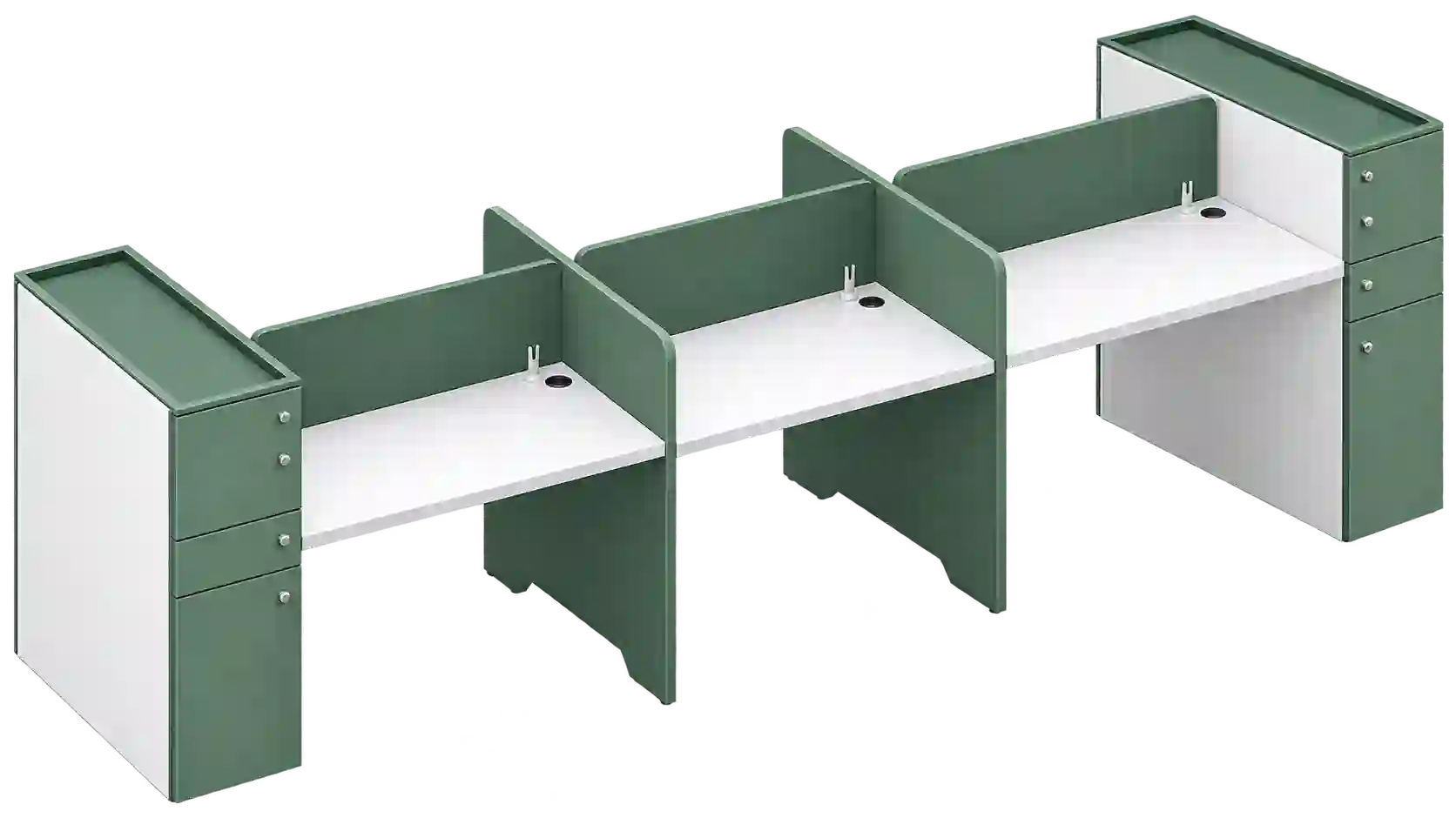 Green bench-style workstation with privacy partitions for employees.