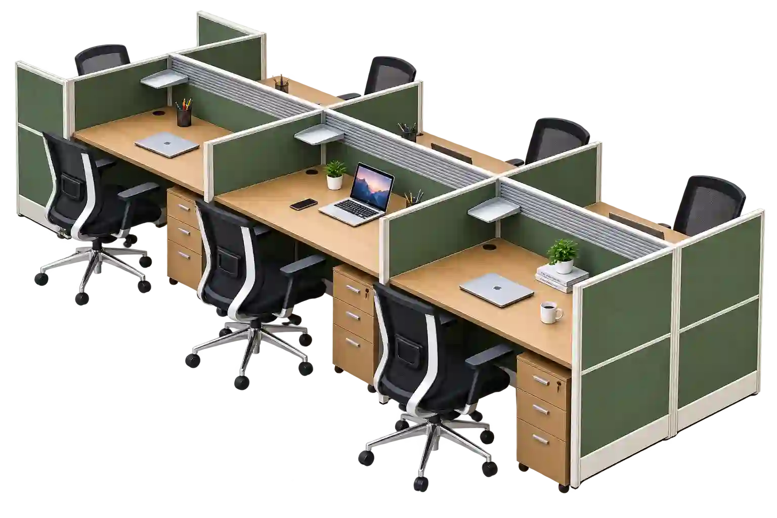 Green and brown multi-seat workstation with integrated office partitions.