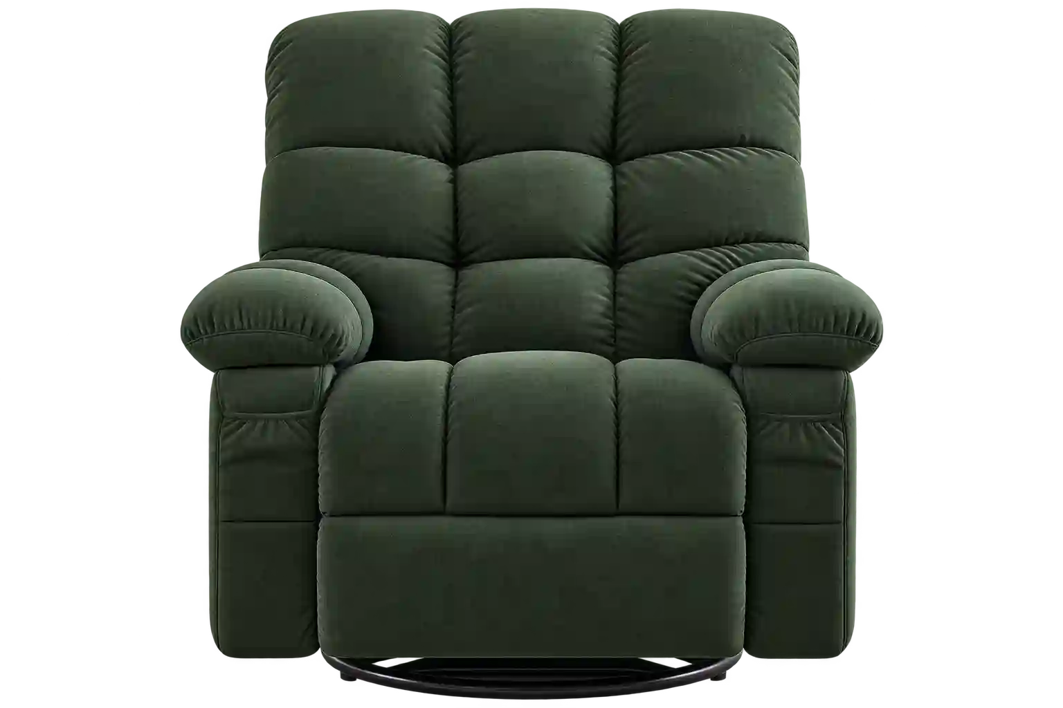 Dark green plush recliner chair with deep cushioning.