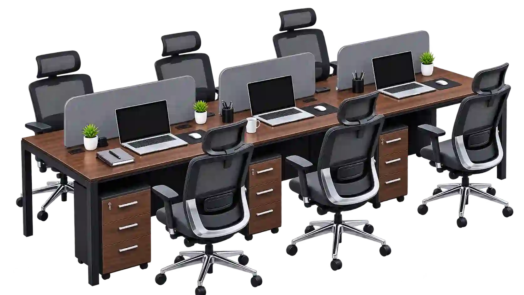 Modern manager workstation with integrated office storage and desks.