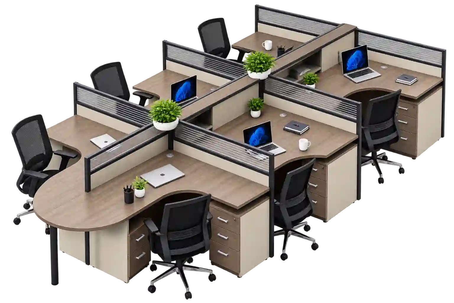 Modern corner workstation with integrated storage and privacy panels.