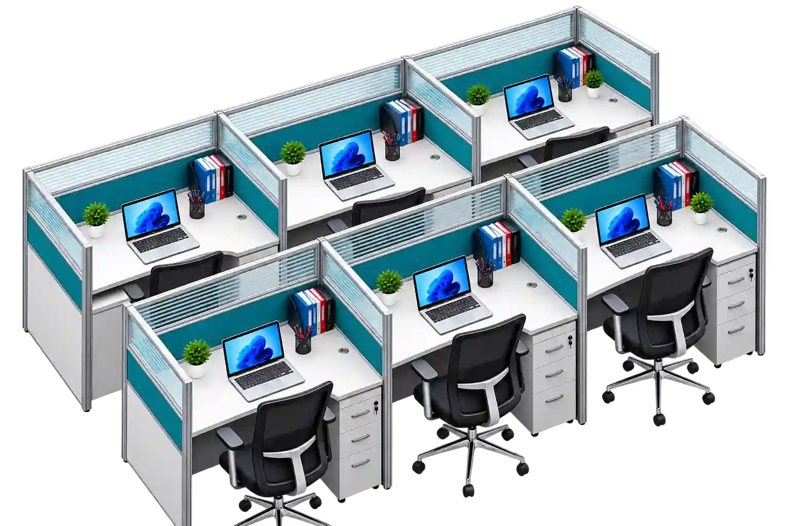 Modern six-seater office workstation with partitioned desks and storage