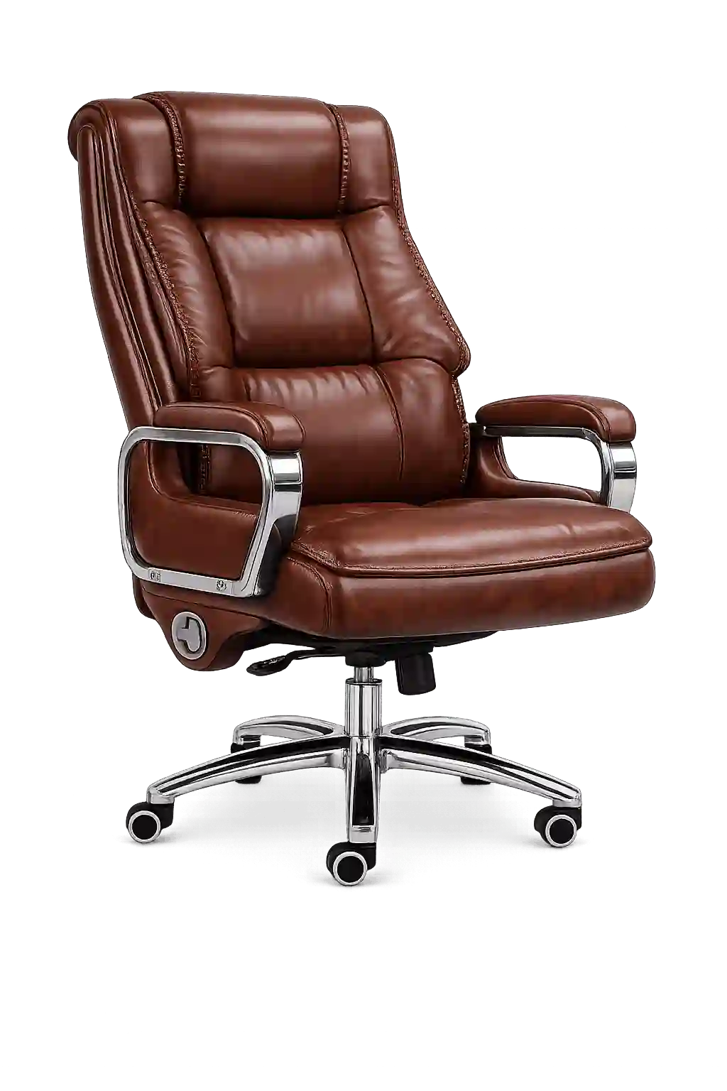 Premium brown leather executive office chair with ergonomic high-back design.
