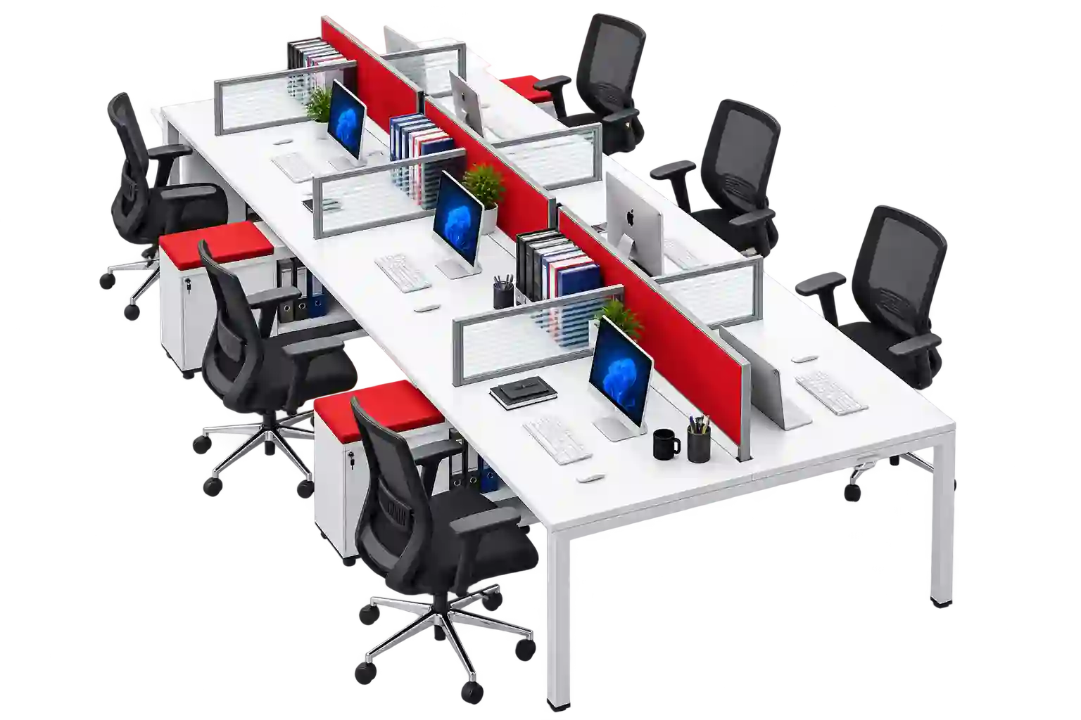 Red 6-Person Workstation in Qatar designed for team-based office layouts