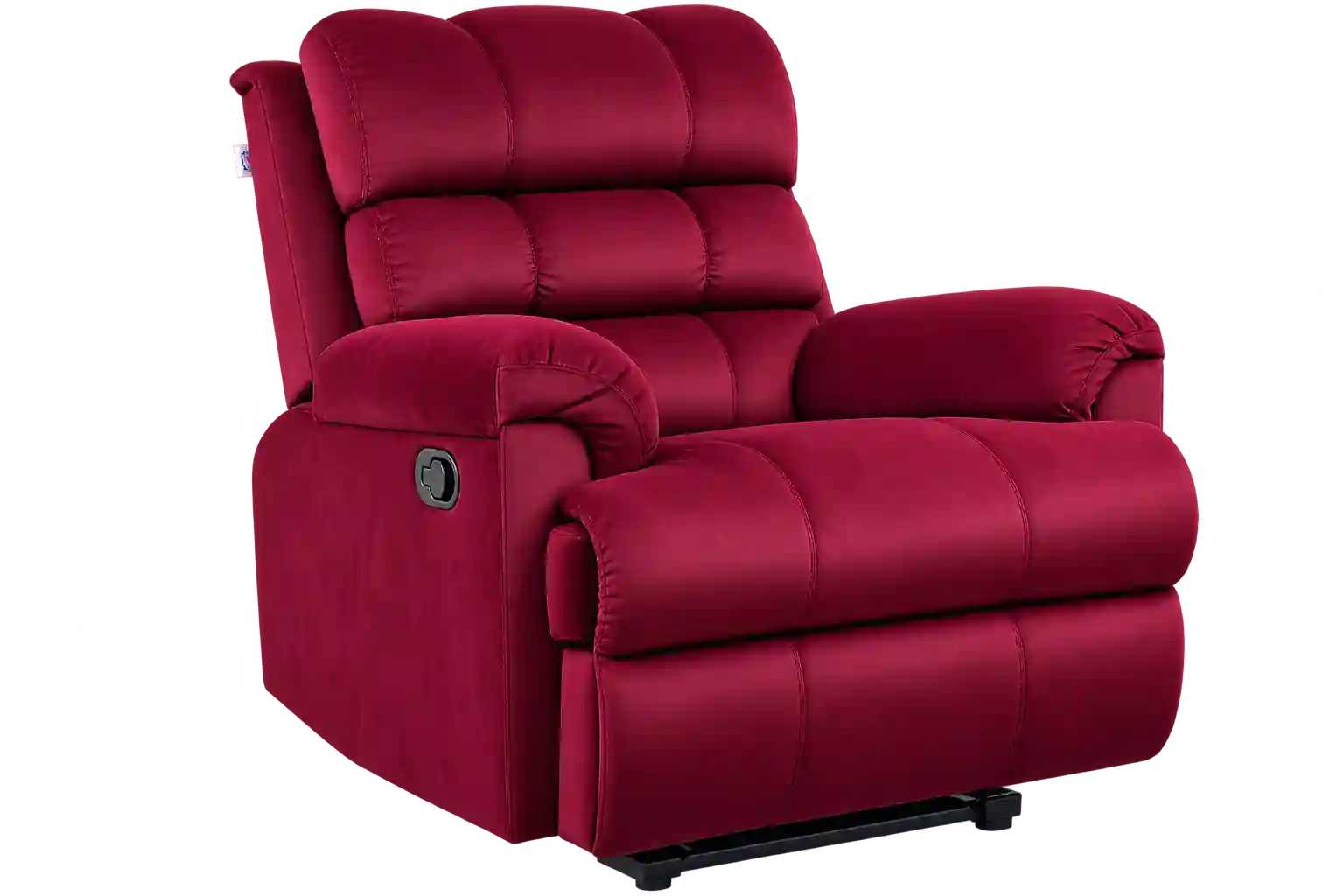 Red padded recliner chair with soft armrests.