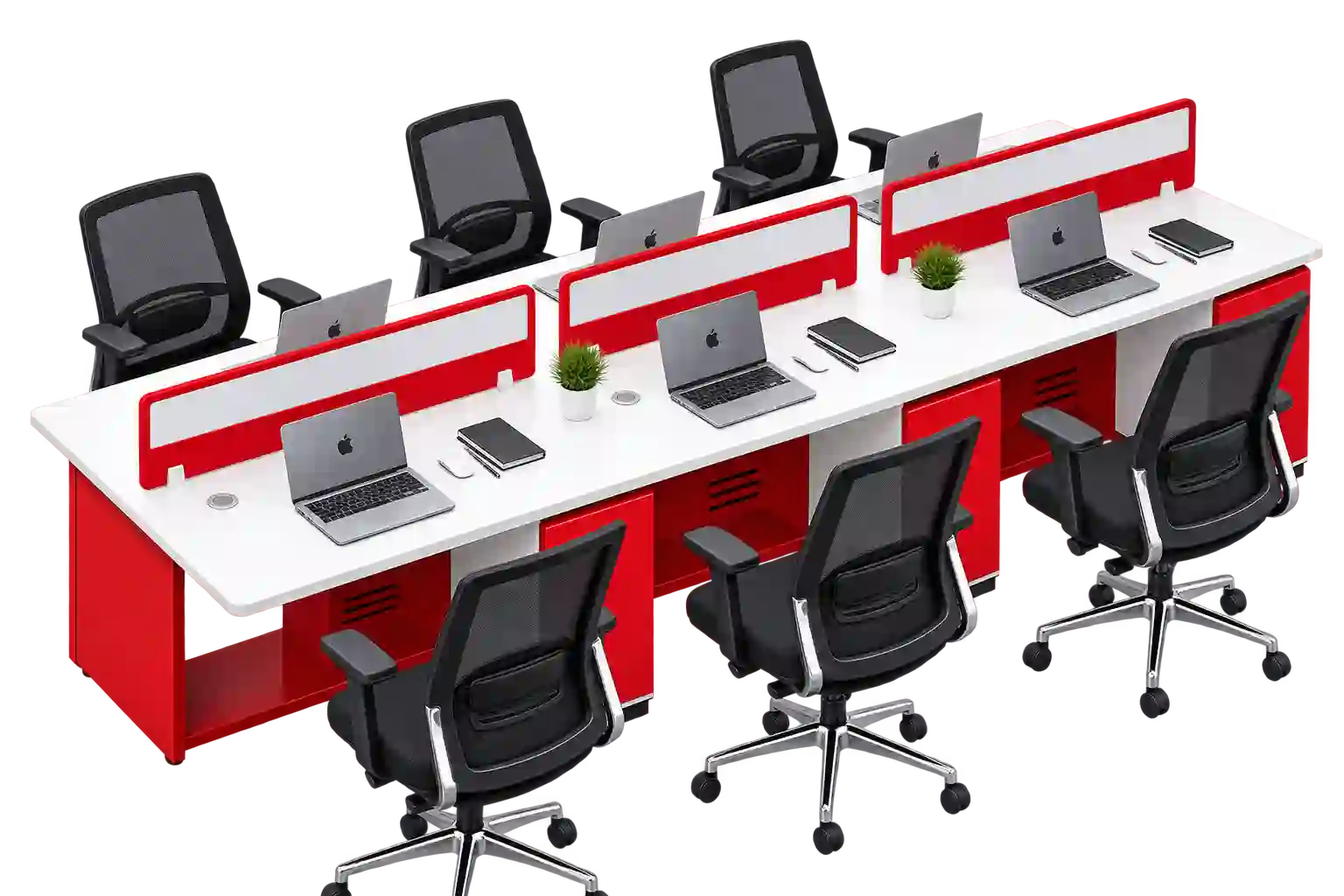 Red partition office workstation with spacious individual desks.