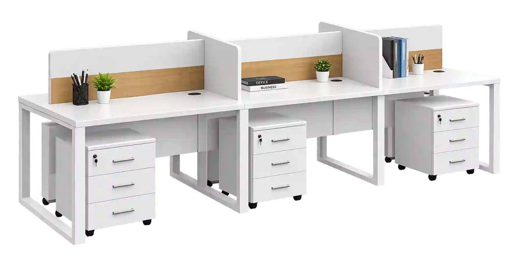 White 6-Person Workstation in Qatar with modern storage and partitions.