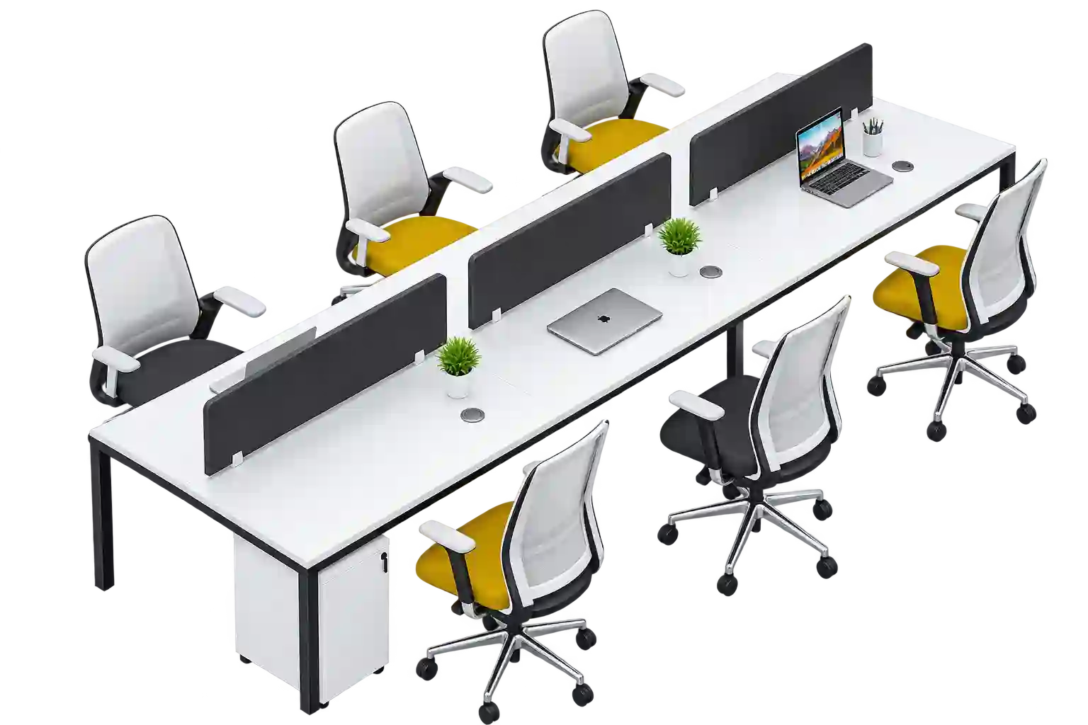 White bench office workstation with central storage and partitions.