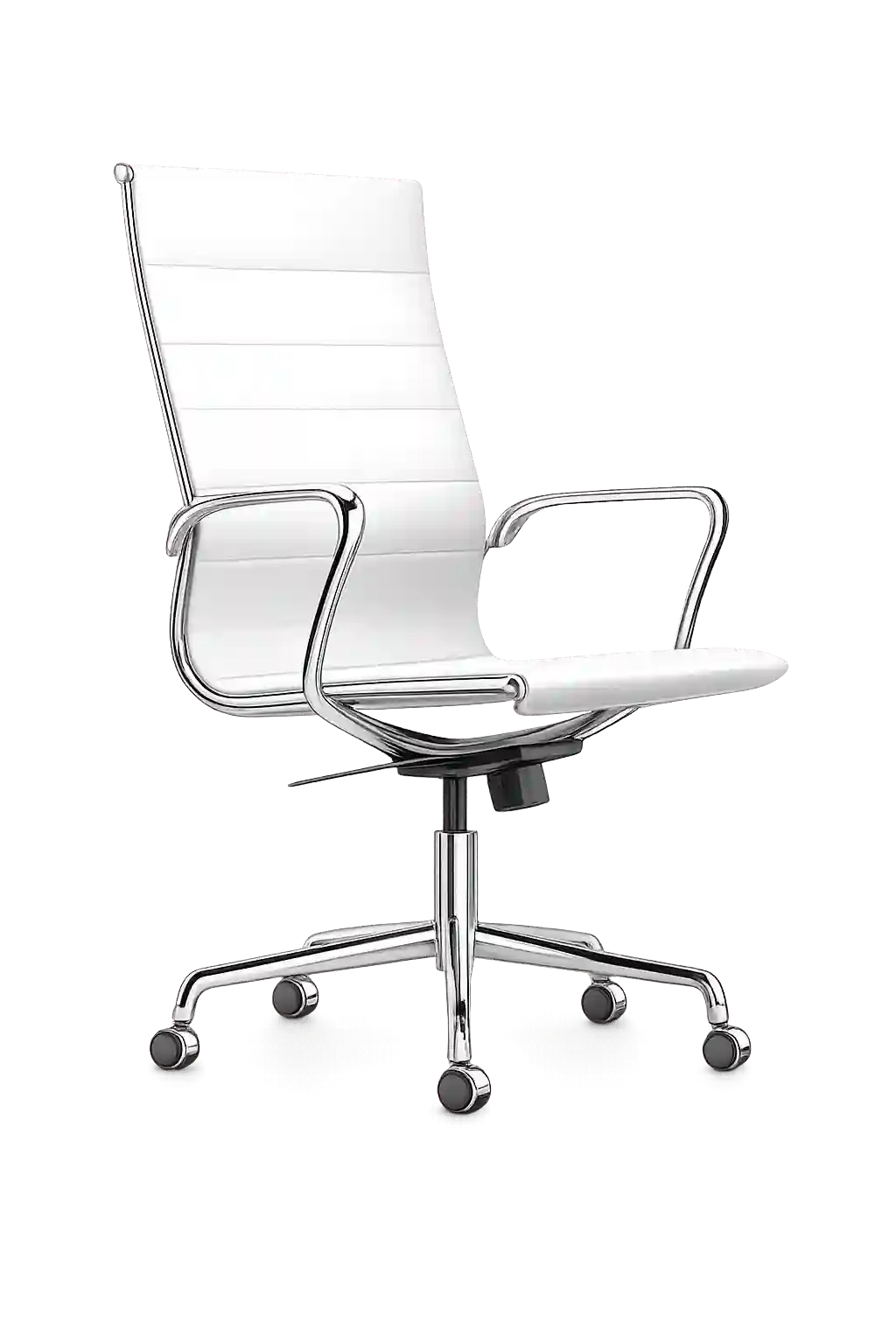 White leather office chair with high back and padded seat.