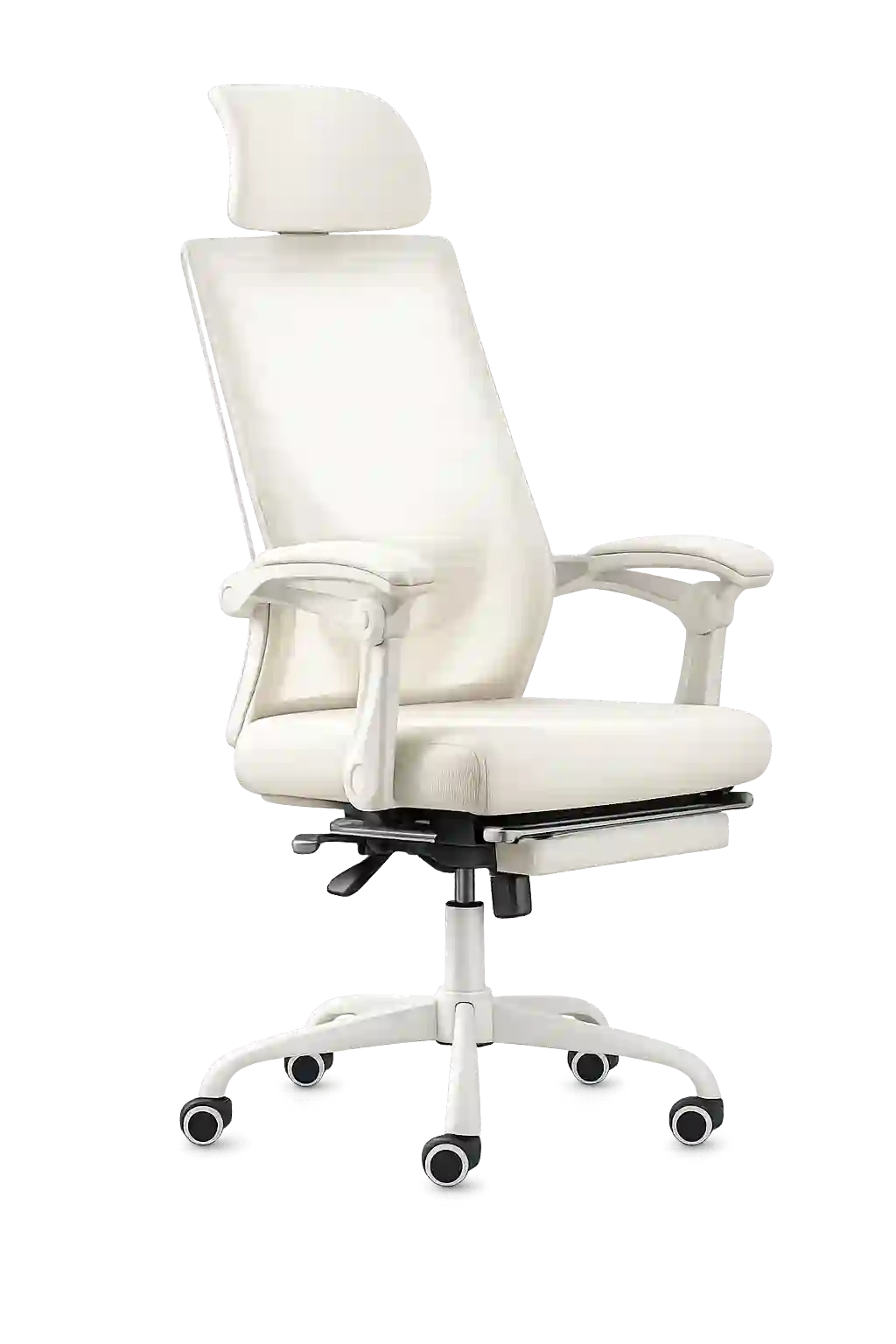 White executive office chair with adjustable armrests.