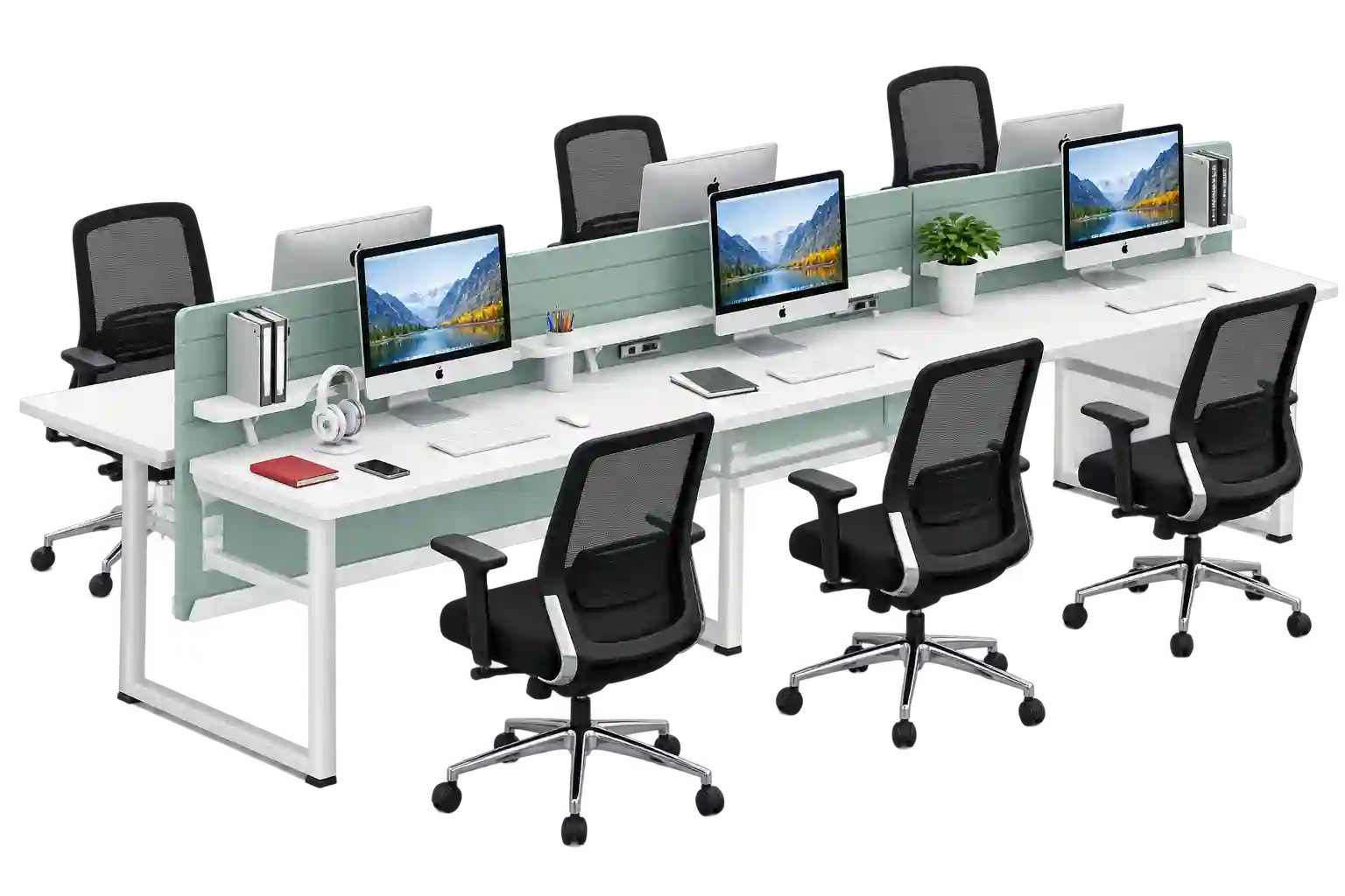 White team workstation with partitioned desks and office chairs.