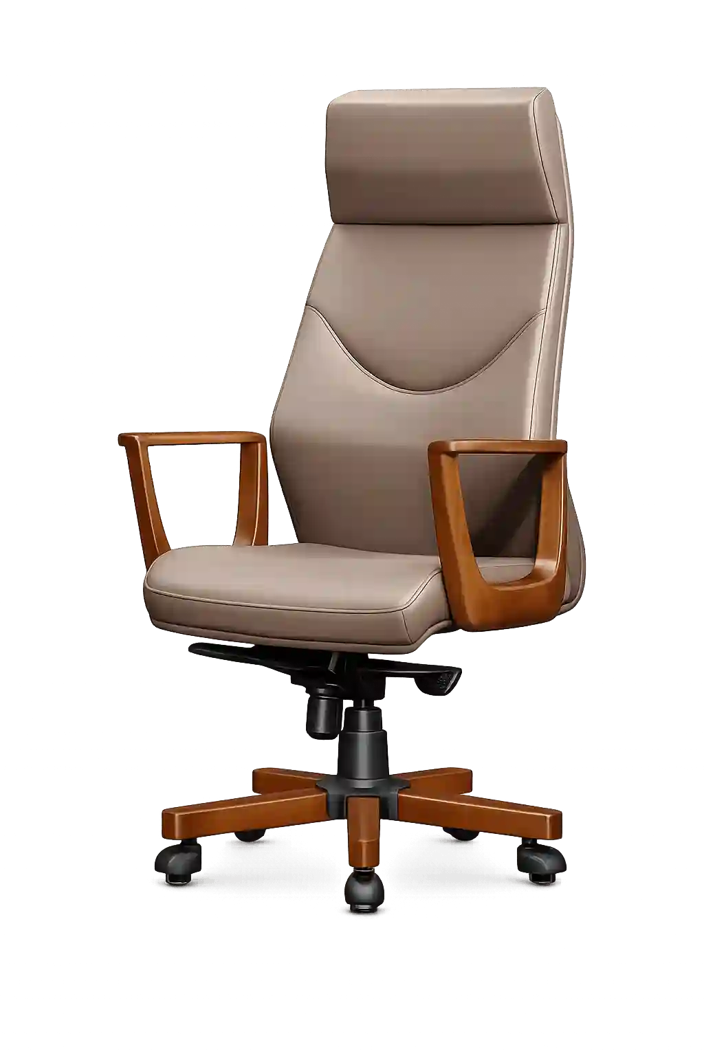 Executive office chair with wooden armrests.