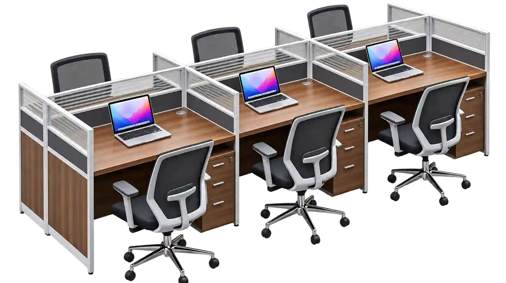 Wooden 6-person workstation in Qatar with partitioned desks.