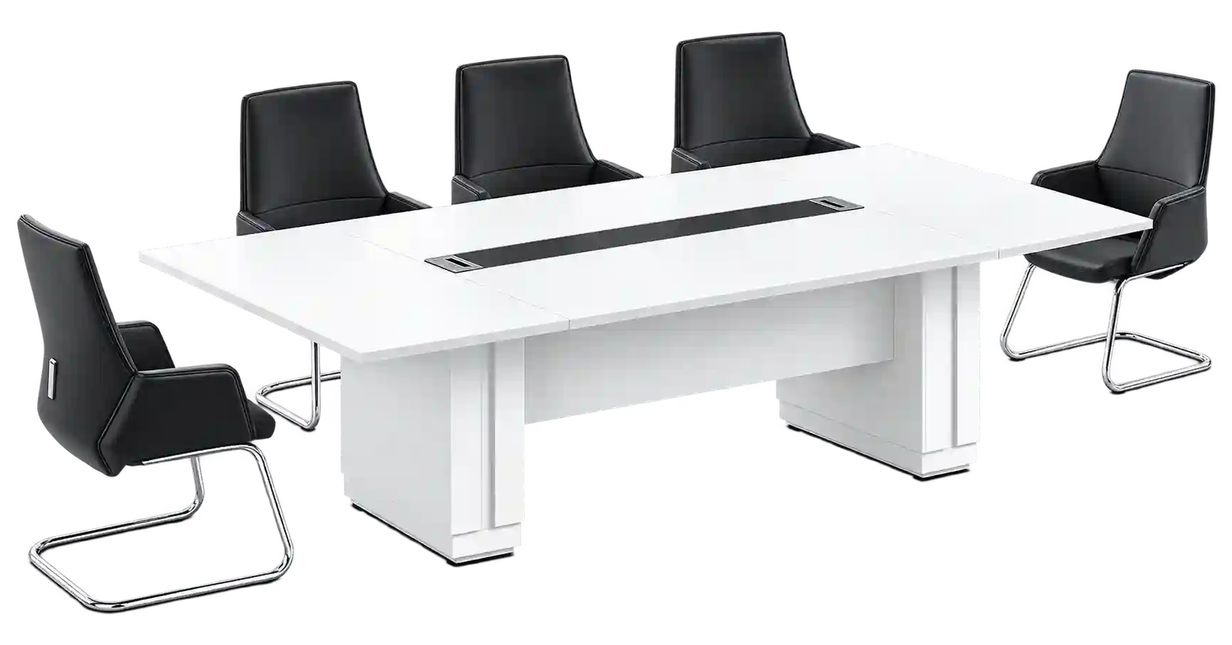 Modern white office meeting table with black chairs.