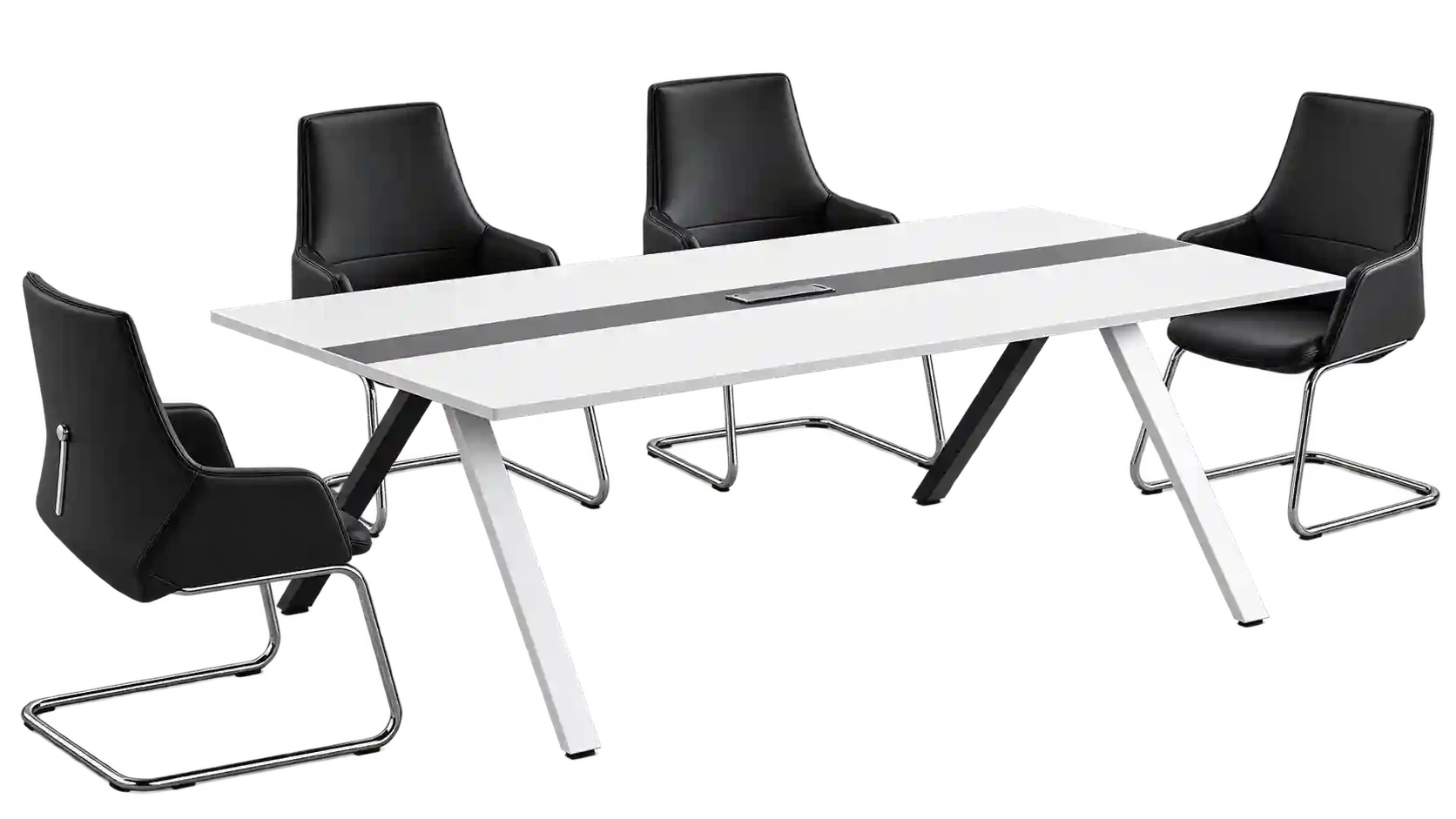 Modern white office meeting table with black chairs.