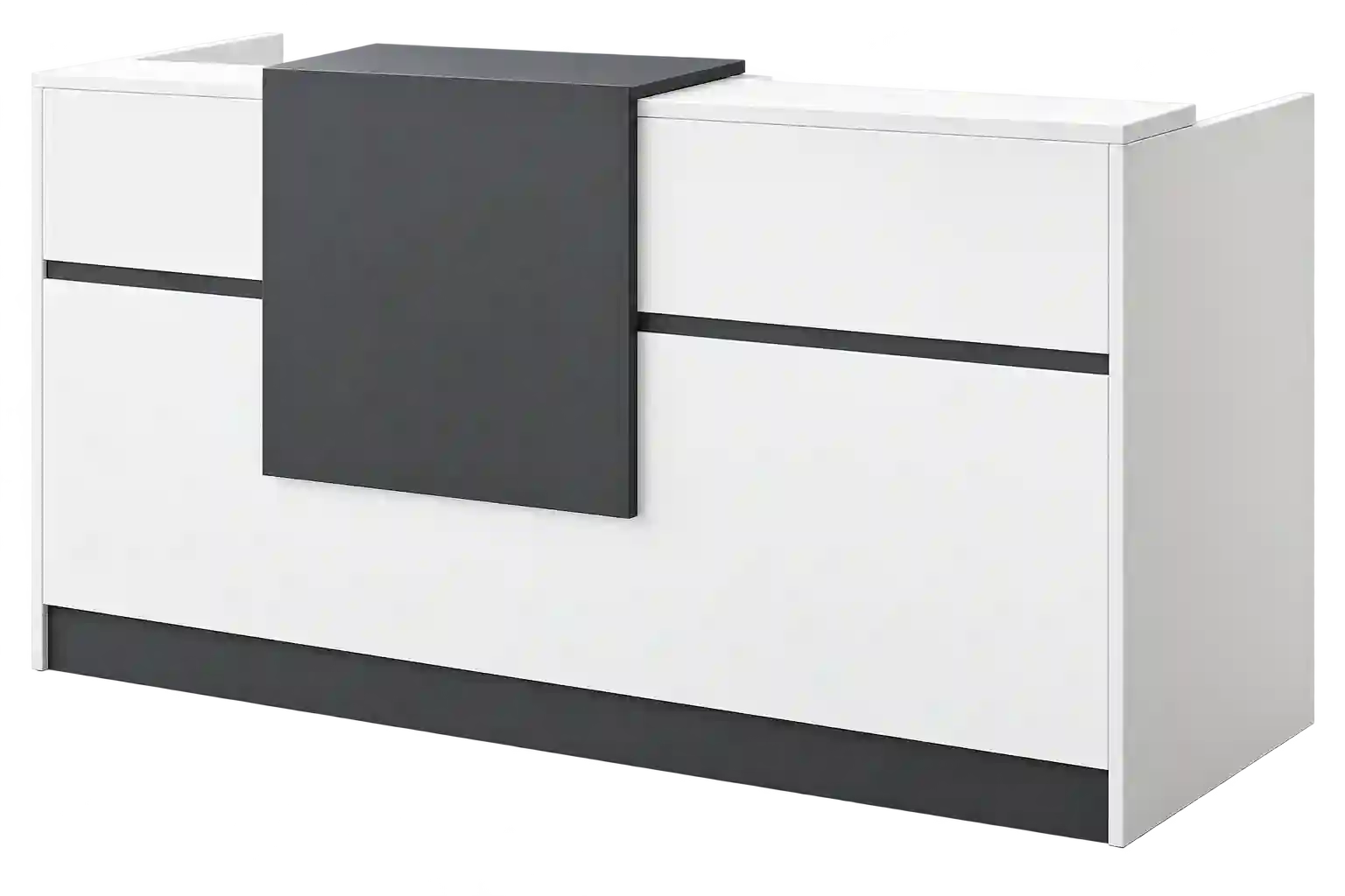 Modern white office workstation desk with dark grey privacy panels.