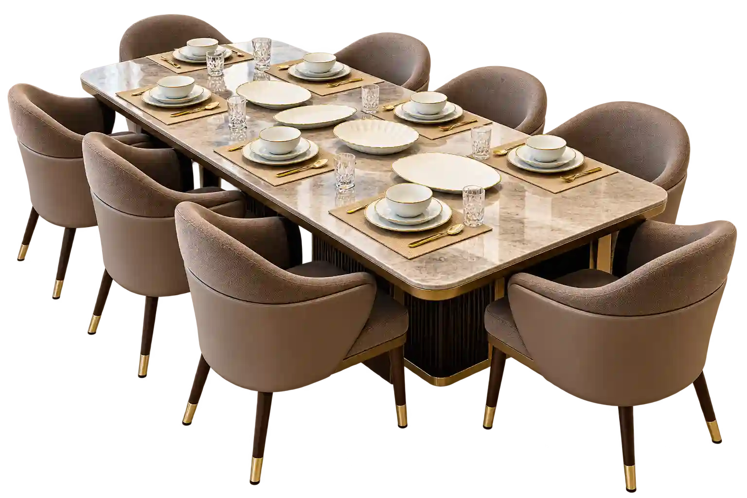 Premium oval dining table with matching chairs.