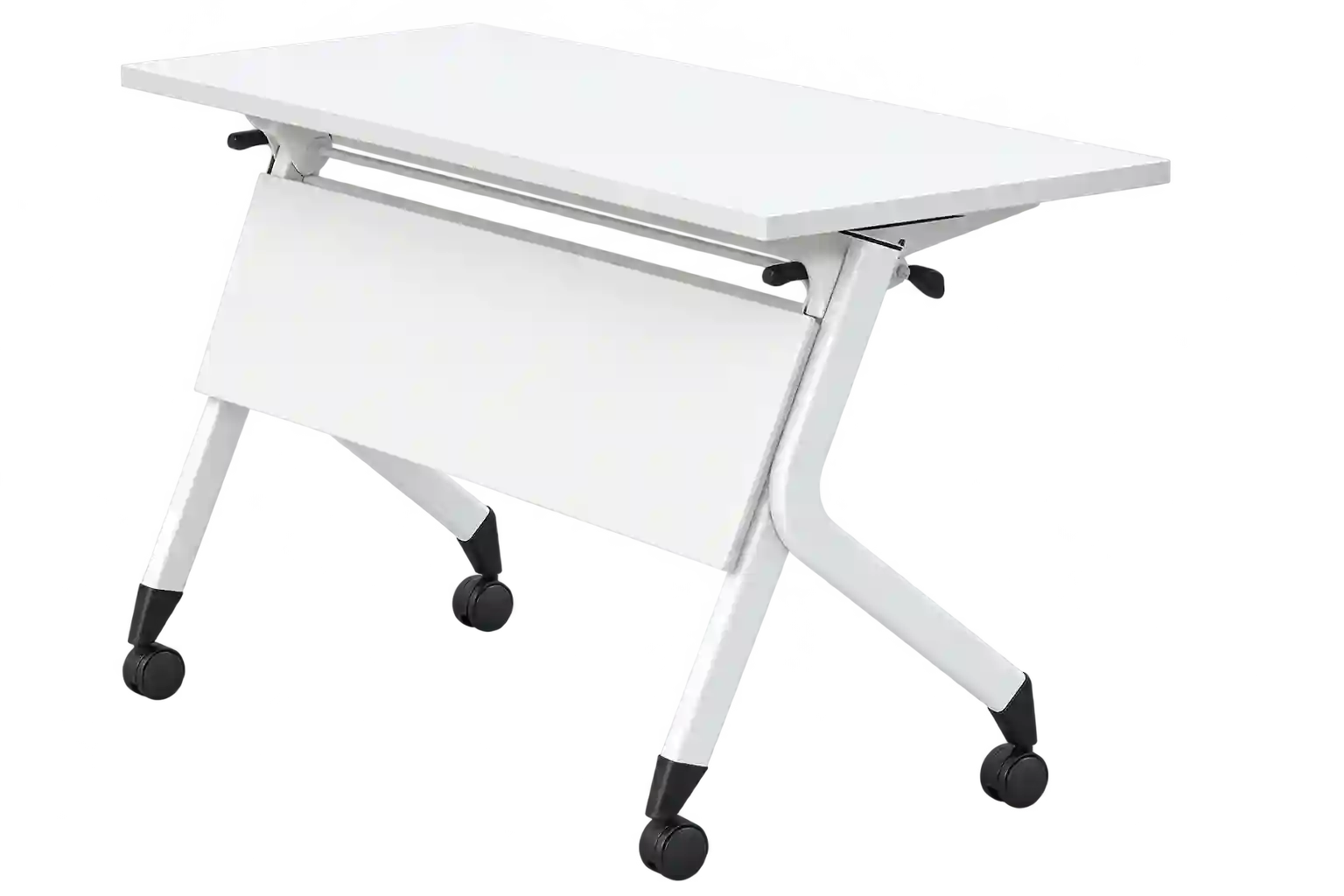 White adjustable office desk with modern work surface.