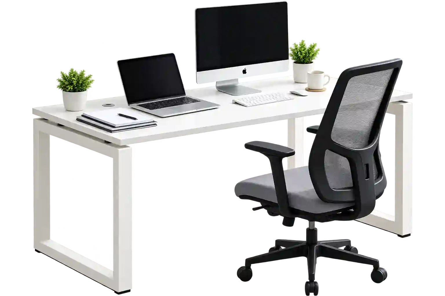 White corner office workstation with chair and storage.