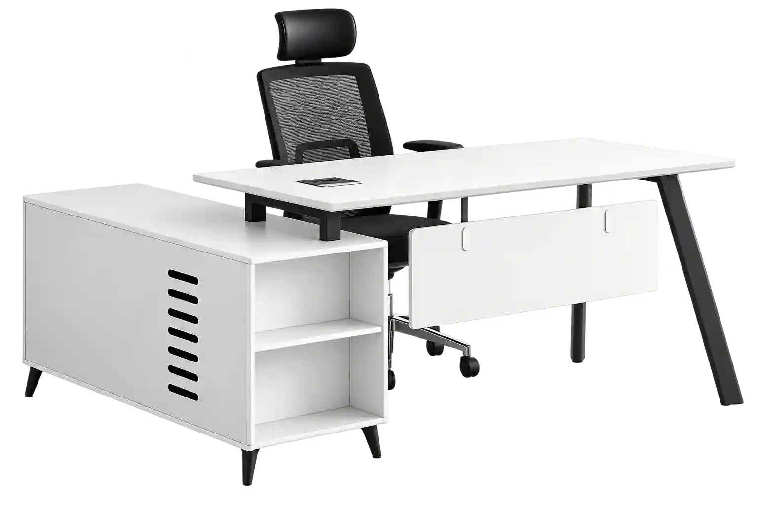White executive office desk with built-in storage cabinet.