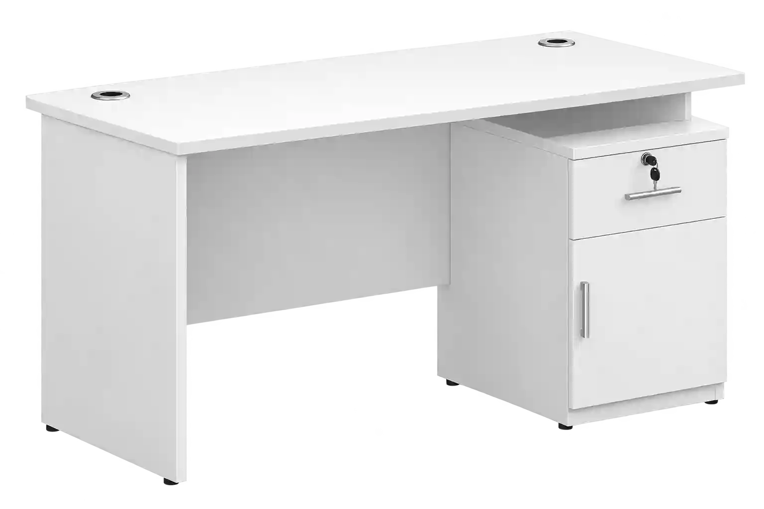 White executive office desk with storage drawers.