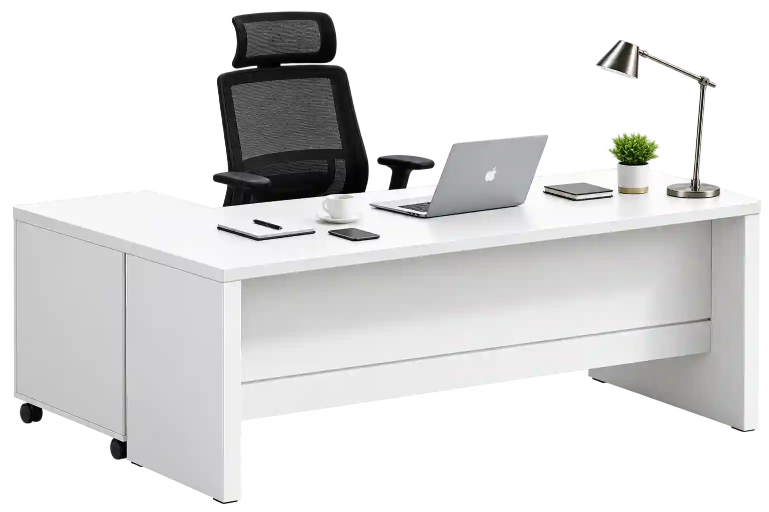 White executive workstation with spacious desk and storage.