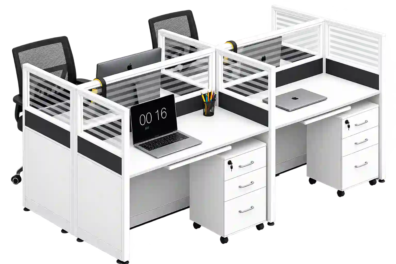 White L-shaped workstation with storage and multiple work areas.