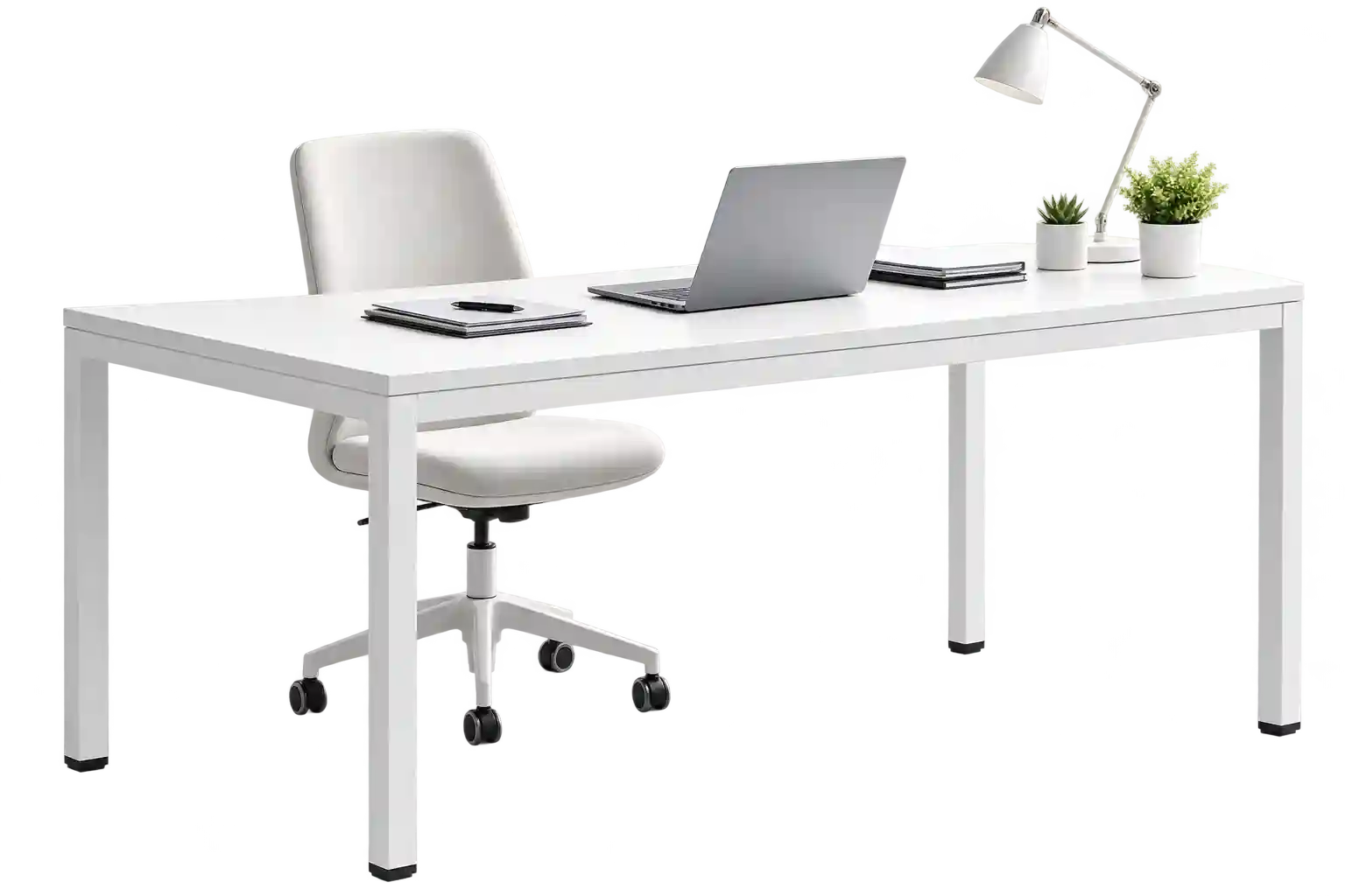 White minimal office desk with clean workspace design.