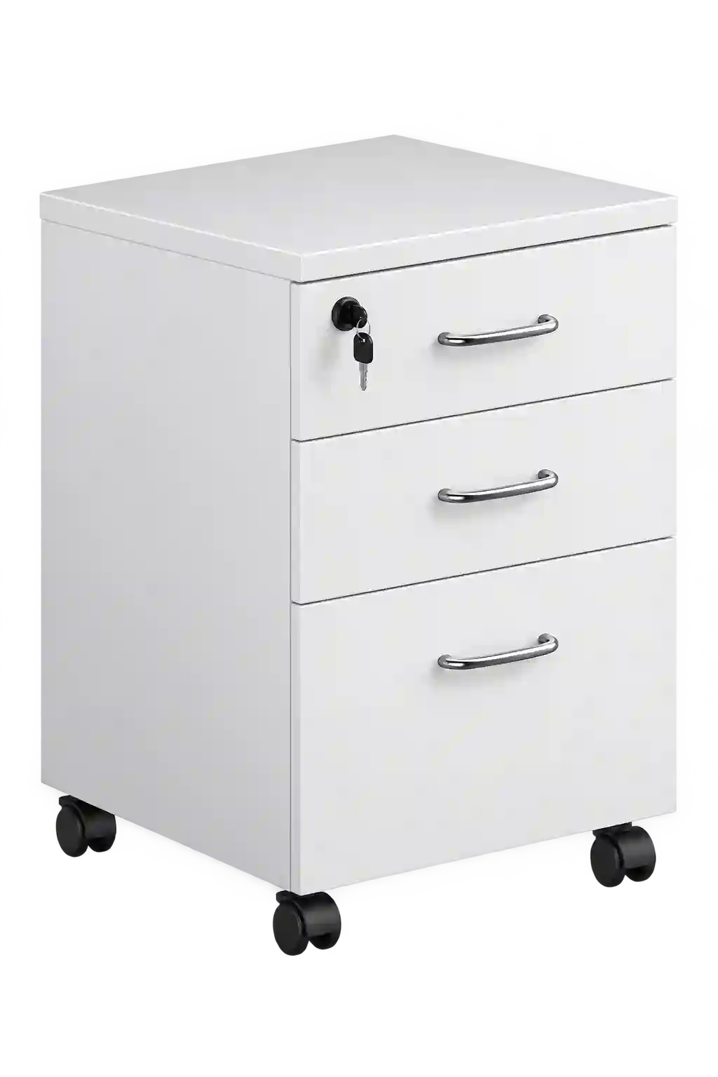 White mobile office drawer cabinet with multiple drawers.